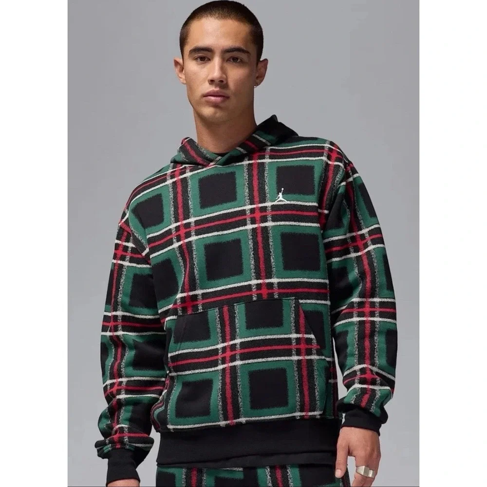 Jordan Essentials Mens XL Holiday Plaid Fleece Pullover Hoodie Green Black Red